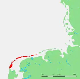 Localización de las islas Frisias occidentales. Las islas numeradas son: 1. Noorderhaaks - 2. Richel - 3. Griend - 4. Rif - 5. Engelsmanplaat - 6.  Simonszand - 7. Rottumerplaat - 8. Rottumeroog