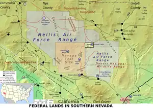 Mapa que muestra el NTS y otros territorios federales al sur de Nevada