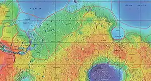 Mapa de MOLA que muestra los límites de Xanthe Terra y otras regiones