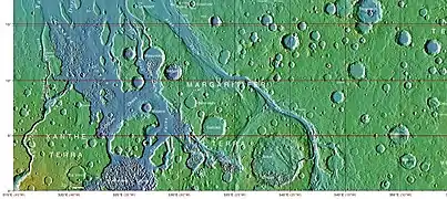 Mapa tográfico de la región de Oxia Palus de Marte que muestra la ubicación de varias regiones y valles del caos, incluido Ares Vallis