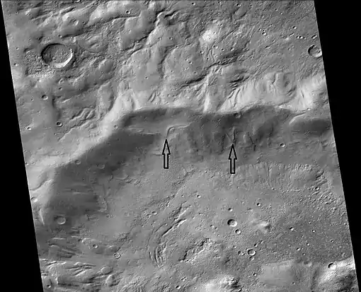 Glaciares en forma de lengua de la imagen anterior. Las flechas indican su posición.