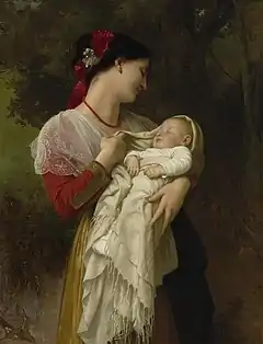 Madre con toquilla de encaje de tul y niño con larga toquilla, en este trabajo de Bouguereau, de 1869