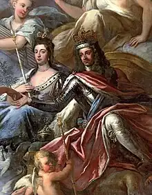 Guillermo III de Inglaterra y Maria II reciben la rama de olico de la paz.  Pintura de James Thornhill, c.1700, Old Royal Naval College, Greenwich