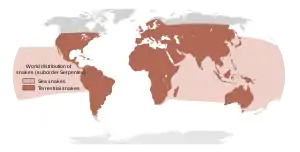 Approximada distribución global de serpentes