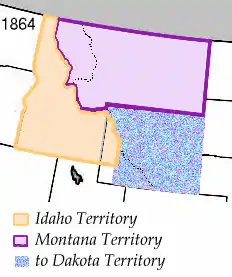 Partición del territorio de Idaho en 1865. La zona azul se convirtió en parte del territorio de Dakota, y última parte del territorio de Wyoming.