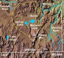 Mapa de la The Harney Basin (dashed yellow perimeter)