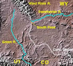 Mapa del suroeste de Wyoming con la ubicación del paso Sur en las cabeceras del río Sweetwater