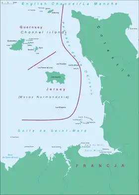 Localización en un mapa de las islas del Canal y de la costa próxima de Francia