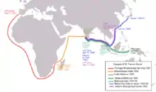 Mapa de viajes de Francisco Javier, patrono de las misiones. Partiendo desde Lisboa, sus viajes se acercan a los 100 000 km, a pie o en embarcaciones molestísimas, con climas extremos en frío o calor, y entre peligros siempre.