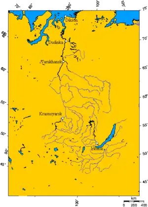 Dudinka en un mapa del río Yeniséi