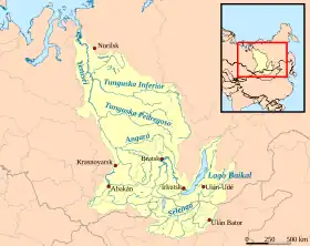 Bratsk en mapa del río Yeniséi