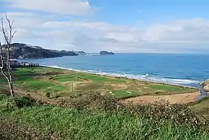 Vista general del campo de golf de Zarauz con la playa, el mar y el "ratón" de Guetaria al fondo.