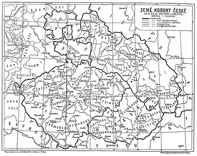 Mapa de las tierras de la Corona Bohemia desde el siglo XIV hasta 1742 (mapa de Josef Pekař, 1921, en checo).