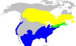 Amarillo: reproducciónVerde: todo el añoAzul: sólo en invierno