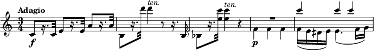 
\relative c' {
  \override Score.NonMusicalPaperColumn #'line-break-permission = ##f
  \version "2.18.2"
  \tempo "Adagio"
  \time 3/4
  \tempo 4 = 50	
   c8\f[ r16. c32] e8[ r16. e32] a8[ r16. a32] |
  b,8[ r16. d''32] d4^\markup { \italic ten. } r8 r16. b,,32 |
  bes8[ r16. <e' c'>32] q4^\markup { \italic ten. } r |
  << {\voiceOne R1*3/4 | c'4 c c | }
  \\ {\voiceTwo f,,4\p f f | f16( e dis e) e4.( f16 g) | }
  >>
}
