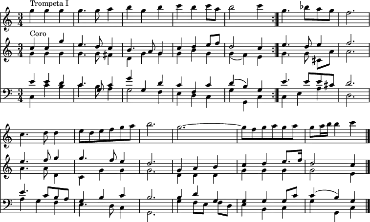 
<< <<
\new Staff { \clef treble \time 3/4 \key c \major \set Staff.midiInstrument = "muted trumpet" \set Score.tempoHideNote = ##t \override Score.BarNumber  #'transparent = ##t
  \relative c''
  \repeat volta 2 { g'4^\markup { "Trompeta I" }  g g | g4. g8 a4 | b g b | c b c8 a | b2 c4 }
  \relative c''
  { g'4. bes8[ a g] | f2. \break | c4. d8 d4 | e8[ d e f  g a] | b2. | g2.~ | g8[ f g a g a] | g a16 b b4 c \bar"|." }
}
\new Staff { \clef treble \key c \major \set Staff.midiInstrument = "church organ"
  \relative c'' 
  \repeat volta 2 { << { c4^\markup { "Coro" } c g' | e4. d8 c4 | b4. a8 g4 | c d e8 f | d2 c4 } \\
  { g4 g g | g4. g8 fis4 | d g g | g b g | g( f) e } >> }
  \relative c'' {
  << { e4. d8 e4 | f2. | e4. f8 g4 | g4. f8 e4 | d2. | g,4 a b | c d e8. f16 | d2 c4 } \\
  { g4. g8 cis,8[ a'] | a2. | a4. a8 d,4 | c g' g | g2. | d4 d d | g g g | g2 e4 } >> }
}
\new Staff { \clef bass \key c \major \set Staff.midiInstrument = "church organ"
  \relative c'
  \repeat volta 2 { << { e4 e d | c4. g8 c4 | g' g, d' | c f, c' | d( b) g } \\
  { c,4 c' b | c4. b8 a4 | g2 f4 | e d c | g' g, c } >> }
  \relative c' {
  << { e4. e8 e cis | d2. | e4. c8 b a | g4 b c | b2. | b4 d g, | g g g8 c | c4( b) g } \\
  { c,4 e a | d,2. | a'4 g f | e4. d8 c4 | g2. | g'4 f8[ e] f d | e4 b c | g' g, c } >> }
}
>> >>
\layout { indent = #0 }
\midi { \tempo 4 = 80 }
