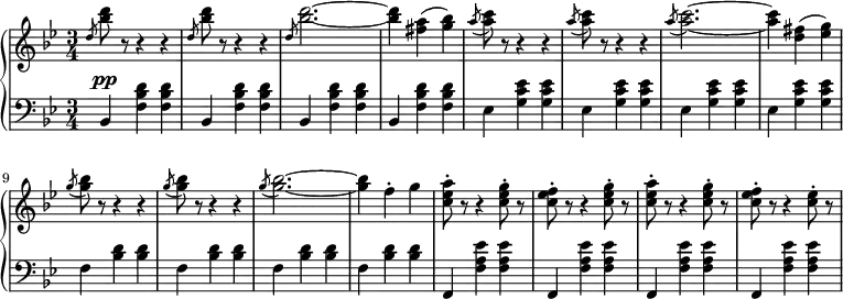 
 \relative c' {
  \new PianoStaff <<
   \new Staff { \key g \minor \time 3/4 
\set Score.tempoHideNote = ##t
     \tempo 2. = 52
      \slashedGrace d'8 <bes' d> r r4 r \slashedGrace d,8 <bes' d> r r4 r \slashedGrace d,8 <bes' d>2.~ <bes d>4 <fis a>( <g bes>) \slashedGrace a8( <a c>) r r4 r \slashedGrace a8( <a c>) r r4 r \slashedGrace a8( <a c>2.~) <a c>4 <d, fis>( <ees g>) \slashedGrace g8( <g bes>) r r4 r \slashedGrace g8( <g bes>) r r4 r \slashedGrace g8( <g bes>2.~) <g bes>4 f-. g <c, ees a>8-. r r4 <c ees g>8-. r <c ees f>8-. r r4 <c ees g>8-. r <c ees a>-. r r4 <c ees g>8-. r <c ees f>-. r r4 <c ees>8-. r
   }
   \new Dynamics {
    \slashedGrace s8 s\pp
      }
   \new Staff { \key g \minor \time 3/4 \clef bass \slashedGrace s8
      bes,,4 <f' bes d> <f bes d>     bes, <f' bes d> <f bes d> 
         bes, <f' bes d> <f bes d>       bes, <f' bes d> <f bes d> 
         ees <g c ees> <g c ees>         ees <g c ees> <g c ees> 
         ees <g c ees> <g c ees>         ees <g c ees> <g c ees> 
         f <bes d> <bes d>               f <bes d> <bes d> 
         f <bes d> <bes d>               f <bes d> <bes d> 
         f, <f' a ees'> <f a ees'>       f, <f' a ees'> <f a ees'> 
         f, <f' a ees'> <f a ees'>       f, <f' a ees'> <f a ees'>
   }
  >>
 }
