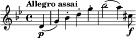 { \time 4/4 \key bes \major \tempo "Allegro assai" \partial 4 { d'4 \p ( g') bes'-. d''-. g''-. bes''2 ( a''4 ) cis''8 \f } }