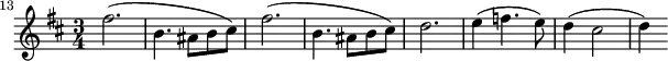 
\relative c'' {
 \key b \minor
 \time 3/4
 \clef treble
 \set Staff.midiInstrument = "oboe"
 \set Score.currentBarNumber = #13
 \bar ""
 fis2.( | b,4. ais8 b cis) | fis2.( | b,4. ais8 b cis) | d2. | e4( f4. e8) | d4( cis2 | d4)
}
