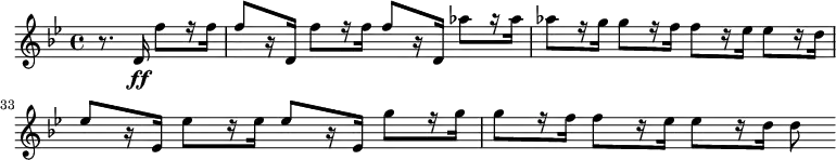  {
    \relative c' {
        \set Score.currentBarNumber = #31
        \time 4/4 \key bes \major
        \partial2 r8. d16\ff f'8[ r16 f]
        f8[ r16 d,] f'8[ r16 f] f8[ r16 d,] aes''8[ r16 aes]
        aes8[ r16 g] g8[ r16 f] f8[ r16 es] es8[ r16 d]
        es8[ r16 es,] es'8[ r16 es] es8[ r16 es,] g'8[ r16 g]
        g8[ r16 f] f8[ r16 es] es8[ r16 d] d8 
    }

}
