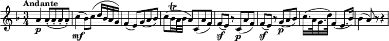 
\relative c'' {
    \version "2.18.2"
    \key f \major 
    \tempo "Andante"
    \tempo 4 = 60
    \time 3/4
  a4 \p a8-. ( a8-.  a8-.  a8-. )
  c4 \mf (bes8) c  (d16 bes a g)
  f4 (e8) g (a bes)
  c (bes16\trill a32 bes a8) c, (a' f)
  f \sf (e) r c\p (a' f)
  f \sf  (e) r g \p (a bes)
  c16. (a32 g16. d'32) f,4 (e8. bes'16)
  bes4 (a8) r r4
}
