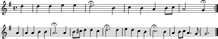 
\new Staff <<
\clef treble
\new Voice = "Soprano"
  { \key g \major \tempo 4=80 \set Staff.midiInstrument = "oboe" {
      \set Score.tempoHideNote = ##t
      \override Score.BarNumber  #'transparent = ##t
      \time 4/4
      \relative c''
      \repeat volta 2 { \partial 4 d | d4 d e e | d2.\fermata b4 | c b a b8 c | a2 g4\fermata } \break
      \relative c'' {
      a4 | a a b b | a2.\fermata a4 | b8 cis d4 d cis | d2.\fermata d4 | e d c b | c2.\fermata b4 | a b8 c a4. g8 | g2. \bar "|."
      }
    }
  }
>>
