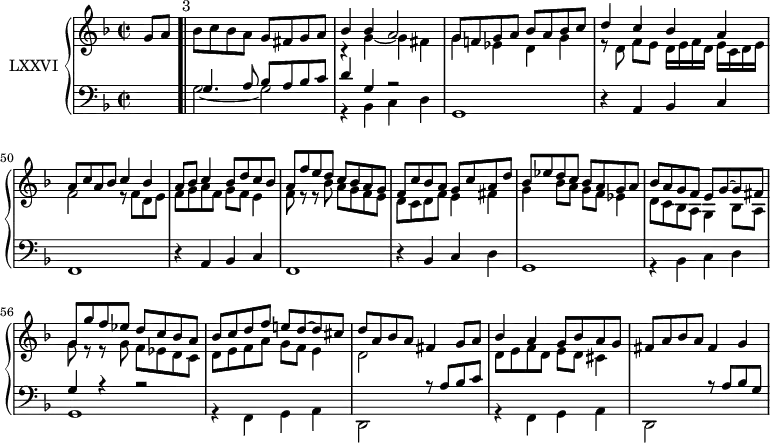 
\version "2.14.2"
\header {
  tagline = ##f
}
upper = \relative c'' {
  \clef treble 
  \key f \major
  \time 2/2
  \tempo 2 = 48
  %\autoBeamOff
  \set Staff.midiInstrument = #"dulcimer"

  \partial 4 g8 a^"     3" \bar ".|" 
  bes8 c bes a g fis g a 
  << { bes4 bes a2 } \\ { r4 g4~ g4 fis } >>
  << { g8 f! g a bes a bes c } \\ { g4 ees d g } >>
  << { d'4 c bes a } \\ { r8 d,8 f[ e] d16[ e f d] e[ c d e] } >>
  << { a8 c a bes c4 bes } \\ { f2 r8 f d e } >>
  << { a8 bes c4 bes8 d c bes } \\ { f8 g a f g f e4 } >>
  << { a8 f' e d c bes a g } \\ { f8 r8 r8 bes8 a g f e } >>
  %%% 8
  << { f8 c' bes a g c a d } \\ { d, c d f e4 fis } >>
  << { bes8 ees d c bes a g a } \\ { g4 bes8 a g f ees4 } >>
  << { bes'8 a g f e g~ g fis } \\ { d8 c bes a g4 bes8 a  } >>
  << { g'8 g' f ees d c bes a } \\ { g8 r8 r8 g8 f ees d c } >>
  %%% 12
  << { bes'8 c d f e! d~ d cis } \\ { d,8 e f a g f e4 } >>
  << { d'8 a bes a fis4 g8 a } \\ { d,2 } >>
  << { bes'4 a g8 bes a g } \\ { d8 e f d e d cis4 } >>
  fis8 a bes a fis4 g

}

lower = \relative c' {
  \clef bass
  \key f \major
  \time 2/2
  \set Score.currentBarNumber = #46
  \set Staff.midiInstrument = #"harpsichord"

   s4
   << { g4. a8 bes a bes c } \\ { g2~ g } >>
   << { d'4 g, r2 } \\ { r4 bes,4 c d g,1 } >>
   r4 a4 bes c f,1
   r4 a4 bes c f,1
   r4 bes4 c d g,1
   << { s1 g'4 r4 r2 } \\ { r4 bes,4 c d g,1 } >>
   << { s1 s2 r8 a'8 bes c } \\ { r4 f,,4 g a d,2 s2 } >>
   << { s1 s2 r8 a''8 bes g } \\ { r4 f,4 g a d,2 s2 } >>

} 

\score {
  \new PianoStaff <<
    \set PianoStaff.instrumentName = #"LXXVI"
    \new Staff = "upper" \upper
    \new Staff = "lower" \lower
  >>
  \layout {
    \context {
      \Score
      \remove "Metronome_mark_engraver"
    }
  }
  \midi { }
}
