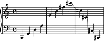 \new PianoStaff <<
    \new Staff = "upper" { s1*3 }
    \new Staff = "lower" { \clef bass c,4 g, d a \change Staff ="upper" e' b' fis'' cis''' \glissando cis'' \glissando cis' \glissando \change Staff ="lower" cis \glissando cis, }
>>
