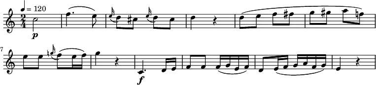 
\relative c'' {
   \version "2.18.2"
   \key c \major
   \time 2/4
   \tempo 4 = 120
   \tempo "Presto"
  c2\p f4. (e8)
  \grace e16 (d8) cis \grace e16 (d8) cis
  d4 r4
  d8 (e f fis g gis a f!)
  e e \grace g!16 (f8) (e16 f)
  g4 r4
  c,,4.\f d16 e
  f8 f f16 (g e f)
  d8 e16 (f g a f g)
  e4 r4
  }
