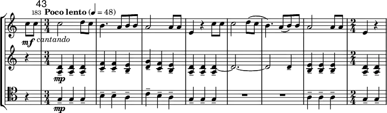 
\new StaffGroup <<
\relative c'' \new Staff {
 \key a \minor \clef "treble"
 \set Staff.midiInstrument = "french horn"
 \set Score.tempoHideNote = ##t \tempo 4 = 48
 \once \override Score.TimeSignature #'stencil = ##f
 \override TextScript #'X-offset = #1
 \time 2/4 \partial 4 c8\mf c_\markup { \italic "cantando" } |

 \once \override Score.BarNumber #'break-visibility = ##(#f #t #t)
 \set Score.tempoHideNote = ##f
 \tempo "Poco lento" 4 = 48
 \set Score.currentBarNumber = #183 \bar "|"
 \mark \markup \sans 43
 \time 3/4 c2 d8 c | b4. a8 b b | a2 a8 a | e4 r c'8 c |
 c2 d8( c | b4.) a8( b) b | a2 a8 a |
 \time 2/4 e4 r |
}
\relative c' \new Staff {
 \key a \minor \clef "treble"
 \set Staff.midiInstrument = "muted trumpet"
 \set Staff.midiMaximumVolume = #0.5
 r4 |
 <a d>4--\mp q-- q-- | <c f>-- q-- <b e>-- | <d g>-- <c f>-- <b e>-- | <a d>-- q-- <a d ~>_- | d2. ~ | d2 d4-- |
 <b e>-- q-- q-- | <a d>-- q-- |
}
\relative c' \new Staff {
 \key a \minor \clef "tenor"
 \set Staff.midiInstrument = "trombone"
 r4 |
 g\mp-- g-- g-- | b-- b-- a-- | c-- b-- a-- | g-- g-- g-- |
 R2. | R2. | a4-- a-- a-- | g-- g-- |
}
>>
