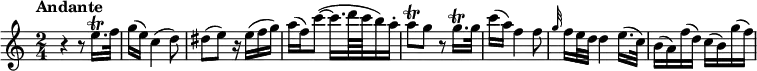 
\relative c'' {
    \version "2.18.2"
    \key c \major
    \time 2/4
    \tempo "Andante"
    \tempo 4 = 60 
    | r4 r8 e16.\trill f32
    | g16( e) c4( d8)
    | dis( e) r16 e( f g)
    | a( f) c'8( ~ c16. d64 c b16) a-.
    | a8\trill g r g16.\trill g32
    | c16( a) f4 f8
    | \grace { g32 } f16 e32 d d4 e16.( c32)
    | b16( a) f'( d) c( b) g'( f)
}
