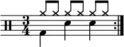 
    \new Staff <<
       \new voice \relative c' {
           \clef percussion
           \numericTimeSignature
           \time 3/4
           \set Score.tempoHideNote = ##t \tempo 4 = 100
           \stemDown \repeat volta 2 { g4 d' d }
       }
       \new voice \relative c'' {
           \override NoteHead.style = #'cross
           \stemUp \repeat volta 2 { a8[ a] a[ a] a[ a] }
       }
   >>
