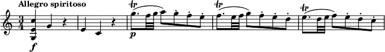 
\relative c'' {
 \override Score.NonMusicalPaperColumn #'line-break-permission = ##f
 \tempo "Allegro spiritoso"
 \time 3/4
 <c e, g,>4\f g r |
 e4 c r |
 g''8.\trill\p(f32 g a8) g-. f-. e-. |
 f8.\trill(e32 f g8) f-. e-. d-. |
 e8.\trill(d32 e f8) e-. d-. c-. |
}
