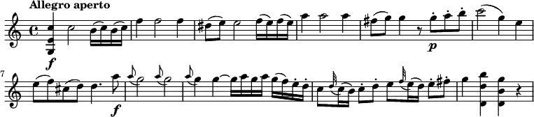 
\relative c'' {
    \version "2.18.2"
    \key c \major
    \time 4/4
    \tempo "Allegro aperto"
    \tempo 4 = 110
  <g, e' c'>4 \f c'2  b16 (c) b (c)
  f4 f2 f4
  dis8 (e) e2 f16 (e) f (e)
  a4 a2 a4
  fis8 (g) g4 r8 g-. \p a-. b-. c2 (g4) e
  e8 (f) cis (d) d4. a'8\f
  \grace a8 (g2)  \grace a8 (g2)
  \grace a8 (g4) g4 ~ g16 a g a g (f) e-. d-.
  c8 \grace d32 (c16) (b) c8-. d-. e \grace f32 (e16) (d) e8-. fis-.
  g4 <d, d' b'>4 <d b' g'> r
}
