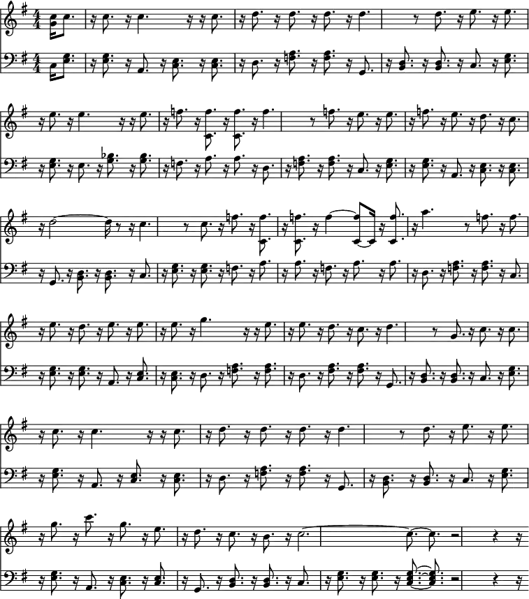 
<< <<
\new Staff { \clef treble \time 4/4 \partial 4 \key g \major \set Staff.midiInstrument = "piano" \set Score.tempoHideNote = ##t \override Score.BarNumber  #'transparent = ##t
  \relative g' 
  << { \clef "treble" \numericTimeSignature\time 4/4 \key c \major | % 1
    \tempo "" 4=100 \stemDown <g c>16 \stemDown c8. r16 \stemDown c8. r16
    \stemDown c4. r16 | % 2
    r16 \stemDown c8. r16 \stemDown d8. r16 \stemDown d8. r16 \stemDown
    d8. | % 3
    r16 \stemDown d4. r8 \stemDown d8. r16 \stemDown e8. | % 4
    r16 \stemDown e8. r16 \stemDown e8. r16 \stemDown e4. r16 | % 5
    r16 \stemDown e8. r16 \stemDown f8. r16 \stemDown <c, f'>8. r16
    \stemDown <c f'>8. | % 6
    r16 \stemDown f'4. r8 \stemDown f8. r16 \stemDown e8. | % 7
    r16 \stemDown e8. r16 \stemDown f8. r16 \stemDown e8. r16 \stemDown
    d8. | % 8
    r16 \stemDown c8. r16 \stemDown d2 ~ \stemDown d16 r8 | % 9
    r16 \stemDown c4. r8 \stemDown c8. r16 \stemDown f8. |
    \barNumberCheck #10
    r16 \stemDown <c, f'>8. r16 \stemDown <c f'>8. r16 \stemDown f'4 ~
    \stemUp <f c,>8 ~ \stemUp c,16 | % 11
    r16 \stemUp <f' c,>8. r16 \stemDown a4. r8 \stemDown f8. | % 12
    r16 \stemDown f8. r16 \stemDown e8. r16 \stemDown d8. r16 \stemDown
    e8. | % 13
    r16 \stemDown e8. r16 \stemDown e8. r16 \stemDown g4. r16 | % 14
    r16 \stemDown e8. r16 \stemDown e8. r16 \stemDown d8. r16 \stemDown
    c8. | % 15
    r16 \stemDown d4. r8 \stemUp g,8. r16 \stemDown c8. | % 16
    r16 \stemDown c8. r16 \stemDown c8. r16 \stemDown c4. r16 | % 17
    r16 \stemDown c8. r16 \stemDown d8. r16 \stemDown d8. r16 \stemDown
    d8. | % 18
    r16 \stemDown d4. r8 \stemDown d8. r16 \stemDown e8. | % 19
    r16 \stemDown e8. r16 \stemDown g8. r16 \stemDown c8. r16 \stemDown
    g8. | \barNumberCheck #20
    r16 \stemDown e8. r16 \stemDown d8. r16 \stemDown c8. r16 \stemDown
    b8. | % 21
    r16 \stemDown c2. ~ \stemDown c8. ~ | % 22
    \stemDown c8. r2 r4 r16 }
  >>
}
\new Staff { \clef bass \key g \major \set Staff.midiInstrument = "bass"
  \relative c
  << { \clef "bass" \numericTimeSignature\time 4/4 \key c \major | % 1
    \stemDown c16 \stemDown <g' e>8. r16 \stemDown <g e>8. r16 \stemUp
    a,8. r16 \stemDown <c e>8. | % 2
    r16 \stemDown <c e>8. r16 \stemDown d8. r16 \stemDown <a' f>8. r16
    \stemDown <f a>8. | % 3
    r16 \stemUp g,8. r16 \stemUp <d' b>8. r16 \stemUp <d b>8. r16
    \stemUp c8. | % 4
    r16 \stemDown <g' e>8. r16 \stemDown <g e>8. r16 \stemDown e8. r16
    \stemDown <g bes>8. | % 5
    r16 \stemDown <bes g>8. r16 \stemDown f8. r16 \stemDown a8. r16
    \stemDown a8. | % 6
    r16 \stemDown d,8. r16 \stemDown <f a>8. r16 \stemDown <a f>8. r16
    \stemUp c,8. | % 7
    r16 \stemDown <e g>8. r16 \stemDown <g e>8. r16 \stemUp a,8. r16
    \stemDown <c e>8. | % 8
    r16 \stemDown <c e>8. r16 \stemUp g8. r16 \stemDown <b d>8. r16
    \stemDown <b d>8. | % 9
    r16 \stemUp c8. r16 \stemDown <g' e>8. r16 \stemDown <g e>8. r16
    \stemDown f8. | \barNumberCheck #10
    r16 \stemDown a8. r16 \stemDown a8. r16 \stemDown f8. r16 \stemDown
    a8. | % 11
    r16 \stemDown a8. r16 \stemDown d,8. r16 \stemDown <f a>8. r16
    \stemDown <f a>8. | % 12
    r16 \stemUp c8. r16 \stemDown <g' e>8. r16 \stemDown <g e>8. r16
    \stemUp a,8. | % 13
    r16 \stemUp <e' c>8. r16 \stemDown <c e>8. r16 \stemDown d8. r16
    \stemDown <a' f>8. | % 14
    r16 \stemDown <a f>8. r16 \stemDown d,8. r16 \stemDown <a' fis>8. r16
    \stemDown <a fis>8. | % 15
    r16 \stemUp g,8. r16 \stemUp <d' b>8. r16 \stemUp <d b>8. r16
    \stemUp c8. | % 16
    r16 \stemDown <g' e>8. r16 \stemDown <g e>8. r16 \stemUp a,8. r16
    \stemUp <e' c>8. | % 17
    r16 \stemDown <c e>8. r16 \stemDown d8. r16 \stemDown <a' f>8. r16
    \stemDown <f a>8. | % 18
    r16 \stemUp g,8. r16 \stemDown <b d>8. r16 \stemUp <d b>8. r16
    \stemUp c8. | % 19
    r16 \stemDown <g' e>8. r16 \stemDown <e g>8. r16 \stemUp a,8. r16
    \stemDown <c e>8. | \barNumberCheck #20
    r16 \stemUp <e c>8. r16 \stemUp g,8. r16 \stemUp <d' b>8. r16
    \stemUp <d b>8. | % 21
    r16 \stemUp c8. r16 \stemDown <e g>8. r16 \stemDown <e g>8. r16
    \stemUp <e g c,>8. ~ ~ ~ | % 22
    \stemUp <e g c,>8. r2 r4 r16 } >>
}
>> >>
\layout { indent = #0 }
\midi { \tempo 4 = 90 }
