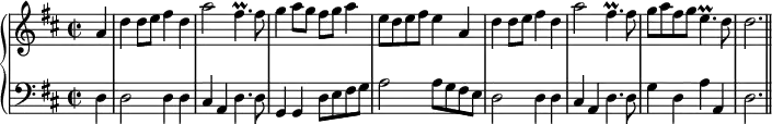 
\version "2.14.2"
\header {
  tagline = ##f
}

upper = \relative c'' {
  \set Staff.midiInstrument = "trumpet"
  \clef treble 
  \key d \major
  \time 2/2
  \tempo 2 = 65

\partial 4 a4 d d8 e fis4 d a'2 fis4.\prall fis8 g4 a8 g fis g a4 e8 d e fis e4
a, d d8 e fis4 d a'2 fis4.\prall fis8 g a fis g e4.\prall d8 d2. \bar "||"

}
lower = \relative c {
  \set Staff.midiInstrument = "church organ"
  \clef bass
  \key d \major
\partial 4 d4 d2 d4 d cis a d4. d8 g,4 g d'8 e fis g a2 a8 g fis e  
d2 d4 d cis a d4. d8 g4 d a' a, d2.
}

\score {
  \new PianoStaff <<
    \new Staff = "upper" \upper
    \new Staff = "lower" \lower
  >>
  \layout {
    \context {
      \Score
      \remove "Metronome_mark_engraver"
    }
  }
  \midi { }
}
