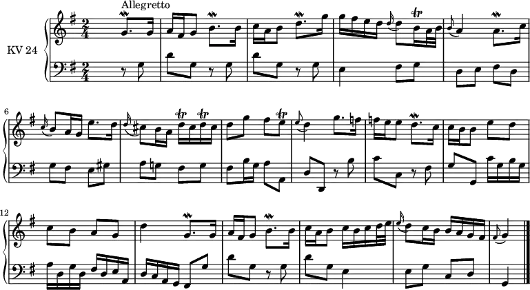 
\version "2.14.2"
\header {
  tagline = ##f
}
upper = \relative c'' {
  \clef treble 
  \key g \major
  \time 2/4
  \tempo 2 = 40
  \tempo "Allegretto"
  \set Staff.midiInstrument = #"piano"

    s4 g8.\mordent^\markup { Allegretto }  g16
    a fis g8 b8.\mordent b16
    c a b8 d8.\mordent g16
    g fis e d \grace d16 (d8) b16\trill a32 b
     \grace b8 (a4) a8.\mordent c16
    \grace c16 (b8) a16 g e'8. d16
    \grace d16 (cis8) b16 a d\trill cis d\trill cis
    d8 g fis e\trill
     \grace e8 (d4) g8. f16
     f e e8  d8.\mordent c16
     c b b8 e d
     c b a g
     d'4  g,8.\mordent  g16
     a16 fis g8 b8.\mordent b16
     c a b8 c16 b c d32 e
     \grace e16 (d8) c16 b b a g fis
     \grace fis8 (g4) \bar "|."
}

lower = \relative c {
  \clef bass
  \key g\major
  \time 2/4
  \set Staff.midiInstrument = #"piano"
    
   s4 r8 g'8
   d' g, r8 g
   d' g, r8 g
   e4 fis8 g
   d  e fis d
   g fis e gis
   a g! fis g
   fis  b16 g a8 a,
   d d, r8 b''
   c c, r8 fis
   g g, c'16 g b g
   a d, g d fis d e a,
   d c a g fis8 g'
   d' g, r8 g
   d' g, e4
   e8 g c, d
   g,4 \bar "|."  
 }

\score {
  \new PianoStaff <<
    \set PianoStaff.instrumentName = #"KV 24"
    \new Staff = "upper" \upper
    \new Staff = "lower" \lower
  >>
  \layout {
    \context {
      \Score
      \remove "Metronome_mark_engraver"
    }
  }
  \midi { }
}
