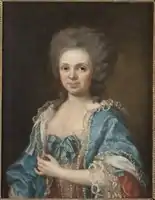 Retrato de Fredrika Svan con vestido de época color azul y rosa