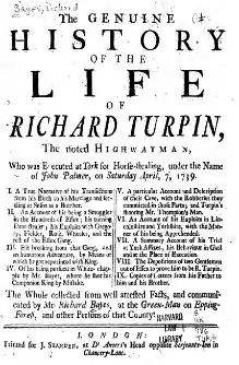 Página inicial de un libro, titulado "The Genuine HISTORY of the LIFE of RICHARD TURPIN"