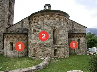 Dos absidiolos laterales unidos por un ábside central. Imagen de la Iglesia de San Clemente de Tahull (Lérida, España). (1: absidiolos; 2: ábside)