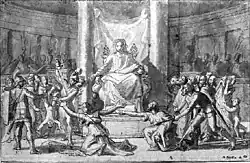 Étude du Jugement de Salomon de la main de Poussin. Au fond de ce dessin préparatoire, se trouvent de nombreux figurants que le peintre a choisi de retirer, comme en témoigne le résultat final,.