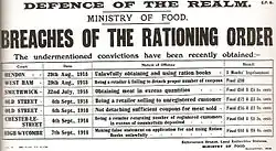 A document says "DEFENCE OF THE REALM", "MINISTRY OF FOOD", "BREACHES OF THE RATIONING ORDER", "The undermentioned convictions have been recently obtained", and a list of various offences committed and the punishments handed out.
