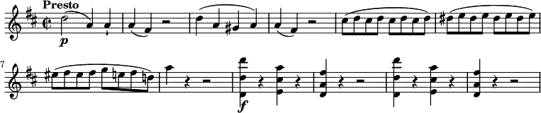 \relative c'' {
\version "2.18.2"
\key d \major
\time 2/2
\tempo "Presto"
\tempo 4 = 200
d2\p (a4) a-!
a (fis) r2
d'4 (a gis a)
a (fis) r2
cis'8 (d cis d cis d cis d)
dis8 (e dis e dis e dis e)
eis8 (fis eis fis g e fis d!)
a'4 r4 r2
<d,, d' d'>4\f r4 <e cis' a'> r4
<d a' fis'> r4 r2
<d d' d'>4 r4 <e cis' a'> r4
<d a' fis'> r4 r2
}