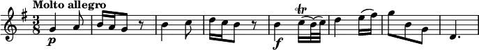 \relative c' {
\key g \major
\time 3/8
\tempo "Molto allegro"
g'4\p a8
b16 a g8 r8
b4 c8
d16 c b8 r8
b4\f c16\trill (b32) (c)
d4 e16 (fis)
g8 b, g
d4.
}
