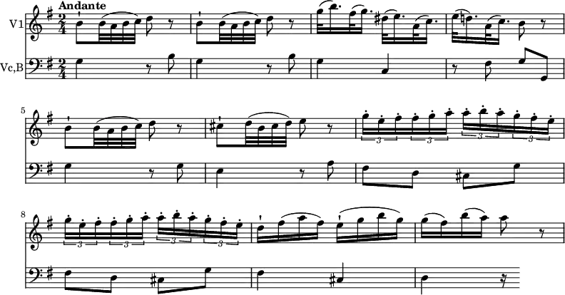 <<
\new Staff \with { instrumentName = #"V1"}
\relative c'' {
\version "2.18.2"
\clef "treble"
\key g \major
\time 2/4
\tempo "Andante"
b8-! b32 (a b c) d8 r8
b8-! b32 (a b c) d8 r8
g32 (b16.) fis32 (g16.) dis32 (e16.) a,32 (c16.)
e32 (d!16.) a32 (c16.) b8 r8
b8-! b32 (a b c) d8 r8
cis8-! d32 (b cis d) e8 r8
\tuplet 3/2 {g16-. e-. fis-.} \tuplet 3/2 {fis16-. g-. a-.} \tuplet 3/2 {a16-. b-. a-.} \tuplet 3/2 {g16-. fis-. e-.}
\tuplet 3/2 {g16-. e-. fis-.} \tuplet 3/2 {fis16-. g-. a-.} \tuplet 3/2 {a16-. b-. a-.} \tuplet 3/2 {g16-. fis-. e-.}
d16-! fis (a fis) e-! (g b g)
g (fis) b (a) a8 r8
}
\new Staff \with { instrumentName = #"Vc,B"}
\relative c'' {
\clef "bass"
\key g \major
\time 2/4
\tempo "Andante"
g,4 r8 b8
g4 r8 b8
g4 c,
r8 fis8 g g,
g'4 r8 g8
e4 r8 a8
fis d cis g'
fis d cis g'
fis4 cis
d r16
}
>>