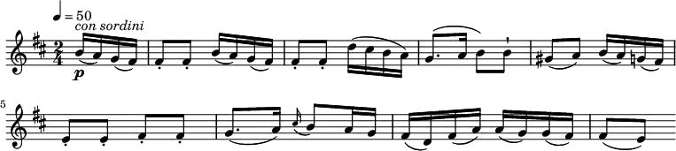 \relative c'' {
\version "2.18.2"
\key d \major
\time 2/4
\tempo 4 = 50
\tempo "Andantino grazioso"
\partial 4 b16\p^\markup {\italic {con sordini}} (a) g (fis)
fis8-. fis-. b16 (a) g (fis)
fis8-. fis-. d'16 (cis b a)
g8. (a16 b8) b-!
gis8 (a) b16 (a) g (fis)
e8-. e-. fis-. fis-.
g8. (a16) \grace cis16 (b8) a16 g
fis16 (d) fis (a) a (g) g (fis)
fis8 (e)
}