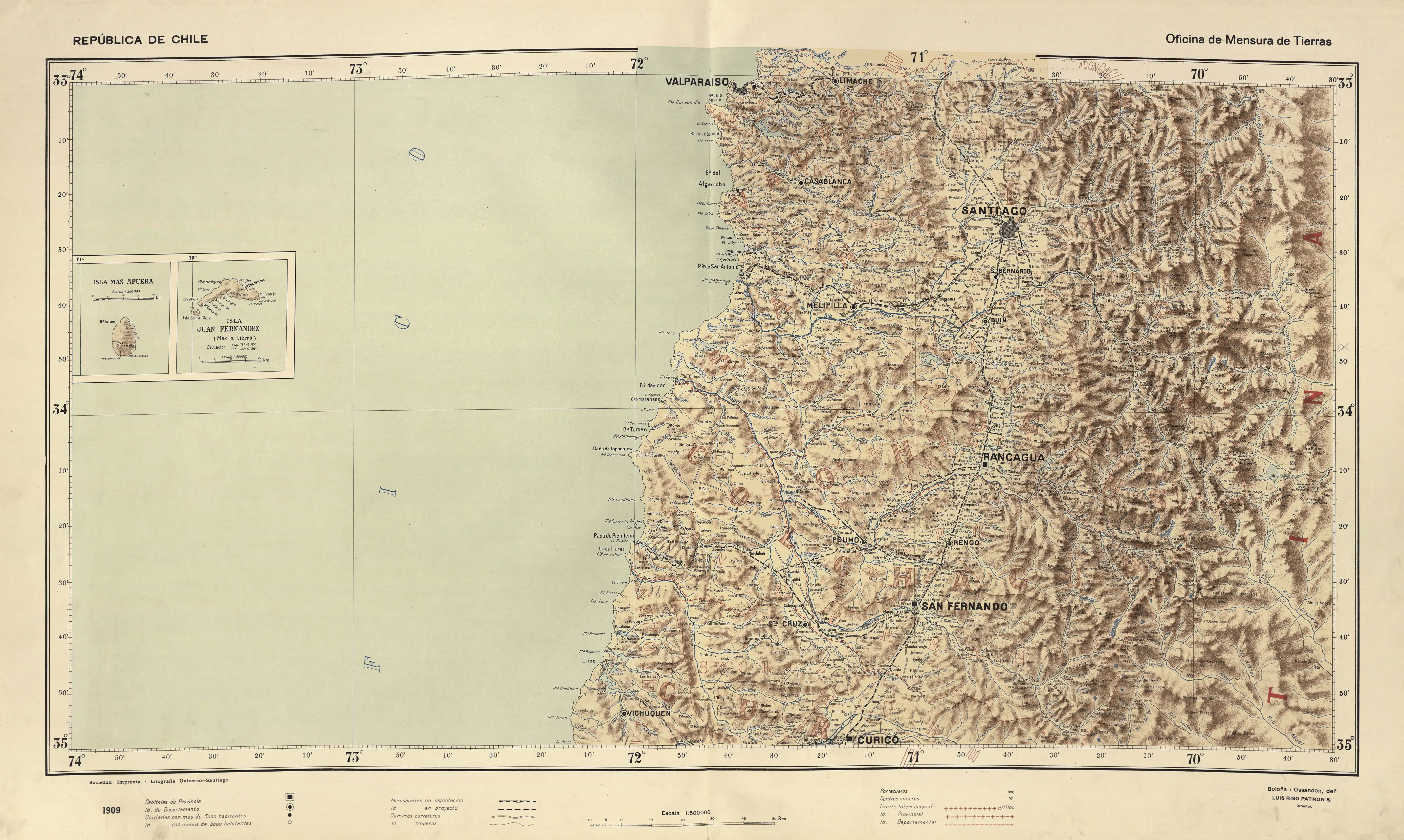 Cauce del río Cachapoal. La cuenca del río Cachapoal se extiende hacia el sur y hacia el norte, ver el mapa de Luis Risopatrón de 1910.