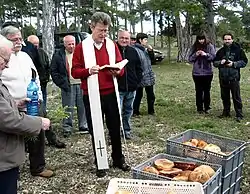 Romería de Santa Quiteria: detalle de la bendición y reparto del pan en el «Collado Calderón», Puebla de San Miguel, año 2013.