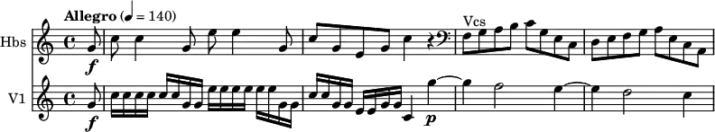 
<<
\new Staff \with { instrumentName = #"Hbs "}  \relative c'' {
    \version "2.18.2"
    \key c \major 
    \tempo "Allegro" 4 = 140
    \time 4/4
   \partial 8 g8\f  |
    c c4 g8 e'8 e4 g,8
    c g e g c4 r 
    \clef bass f,,8 ^ \markup{Vcs } g a b c g e c
    d e f g a e c a
}
\new Staff \with { instrumentName = #"V1 "}
    
    \relative c'' {
       \key c \major
  
  \partial 8 g8\f  |
  c16 c c c c c g g e'16 e e e e e g, g |
  c16 c g g e e g g c,4 g''~\p |
  g4 f2 e4~ |
  e4 d2 c4~ |
  }
>>
