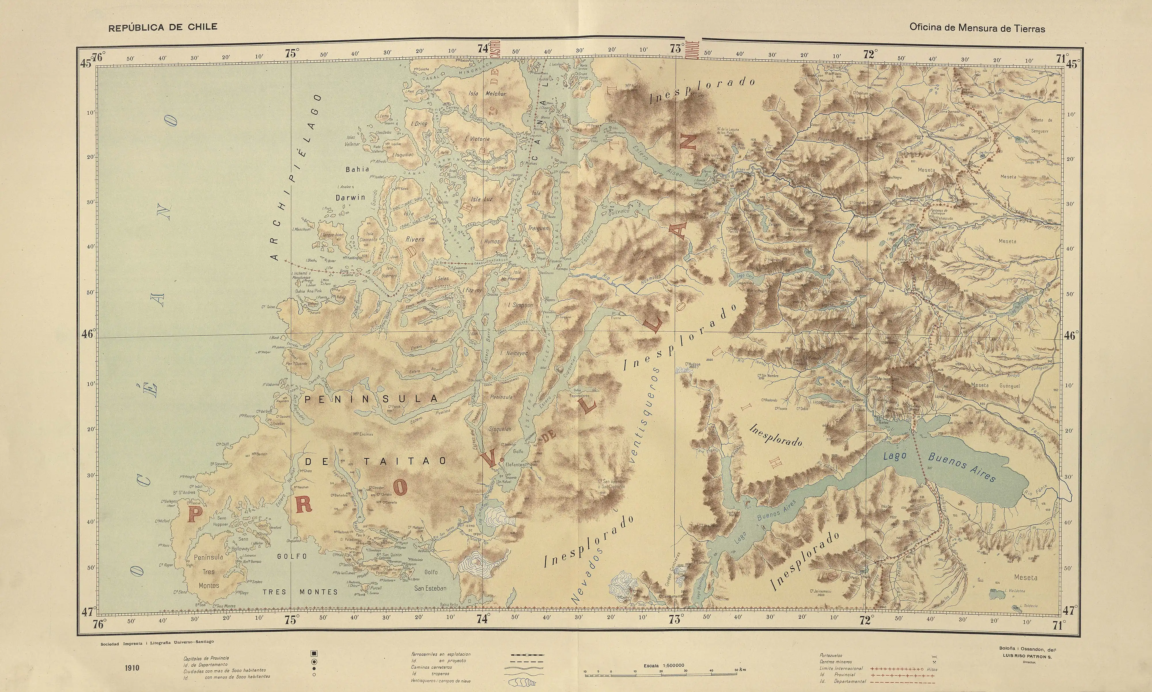 El arroyo del Humo, el río Huemules, el río Oscuro (Simpson), el arroyo La Galera y finalmente el origen del río Simpson en un mapa de Luis Risopatrón de 1910. Como puede verse en el mapa completo, amplias zonas de la región eran aún inexploradas.